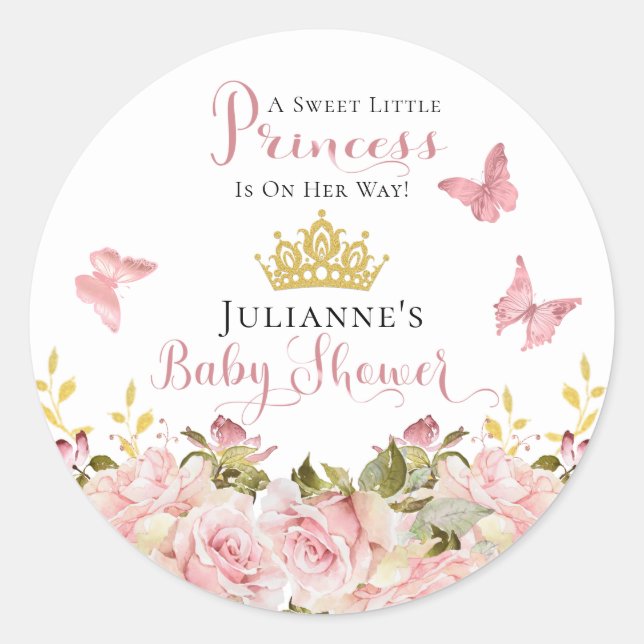 Pegatina Redonda Corona | Butterflies Floral Princess Baby Shower (Anverso)