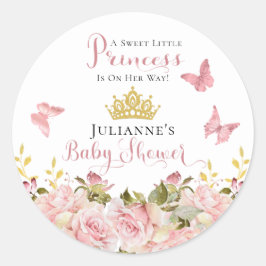 Pegatina Redonda Corona | Butterflies Floral Princess Baby Shower