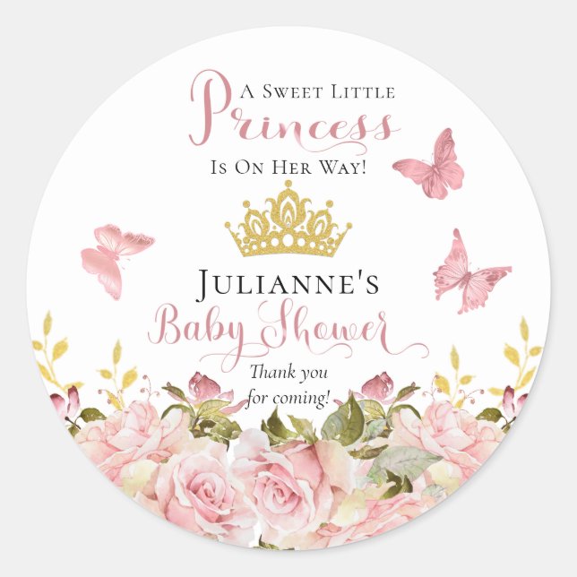 Pegatina Redonda Corona | Butterflies Floral Princess Baby Shower (Anverso)
