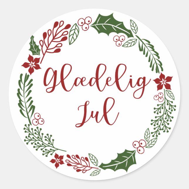 Pegatina Redonda Corona Danesa de Navidad, Glædelig jul (Anverso)