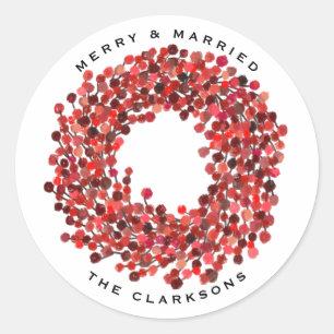 Pegatina Redonda Corona de acebo pintada a mano Merry and Married