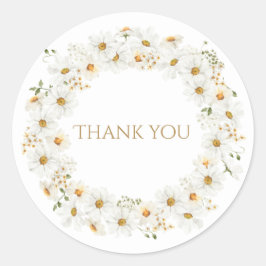 Pegatina Redonda Corona de Acuarela de Margarita Blanca Agradecimie