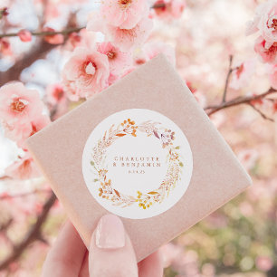 Pegatina Redonda Corona de Acuarela Floral de Otoño Boda Personaliz