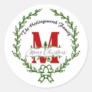 Pegatina Redonda Corona de bienvenida con monograma de Navidad