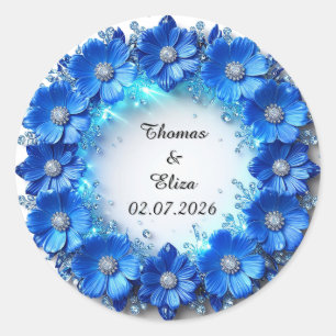 Pegatina Redonda Corona de boda de flores azules brillantes