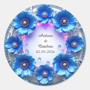Pegatina Redonda Corona de boda de flores azules brillantes