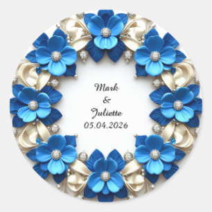 Pegatina Redonda Corona de boda de flores azules brillantes