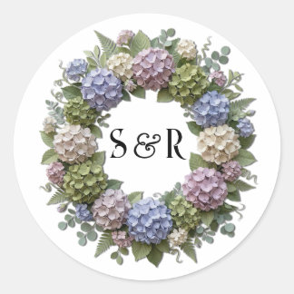 Pegatina Redonda Corona de Bodas con Monograma de Hortensia