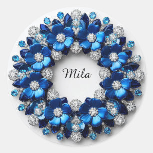 Pegatina Redonda Corona de diamantes florales azules elegantes