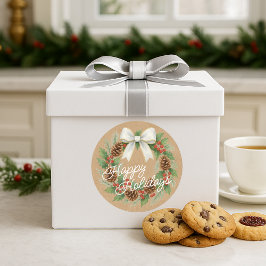 Pegatina Redonda Corona de diciembre elegante con lazo blanco acuar