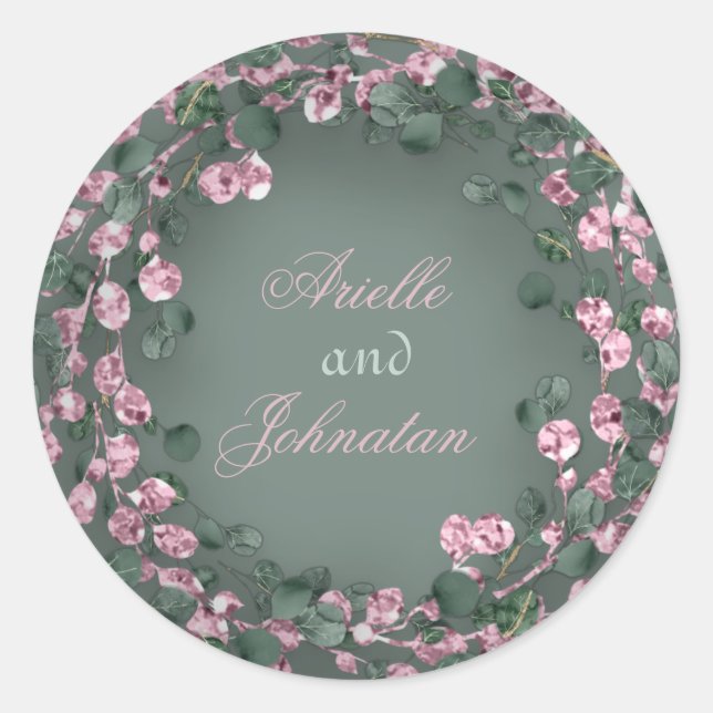 Pegatina Redonda Corona de eucalipto boda rosa rústico verde (Anverso)