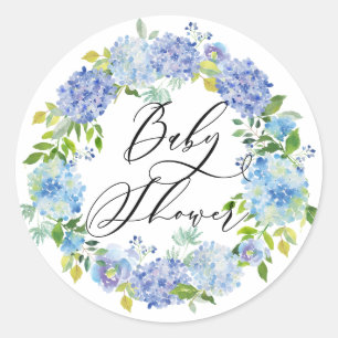 Pegatina Redonda Corona de flores de Hortensia Azul Baby Shower