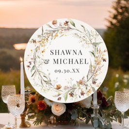 Pegatina Redonda Corona de flores silvestres de otoño de boda en ac