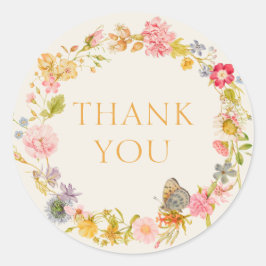 Pegatina Redonda Corona de flores silvestres, gracias