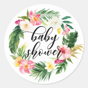 Pegatina Redonda Corona de flores tropicales acuarela Baby Shower