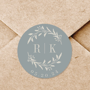 Pegatina Redonda Corona de Follaje Elegante Monograma de Boda