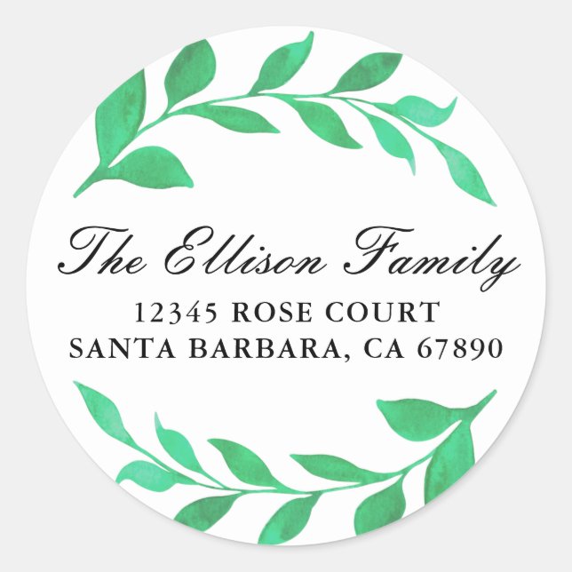 Pegatina Redonda Corona de hojas de acuarela Botánica Verde (Anverso)