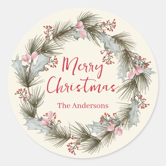 Pegatina Redonda Corona de Navidad Acuarela Rústica Elegante (Anverso)