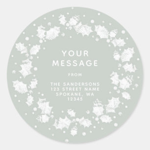 Pegatina Redonda Corona de Navidad de acebo gris verde con direcció