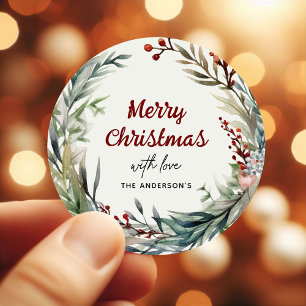 Pegatina Redonda Corona de Navidad de acuarela con amor de