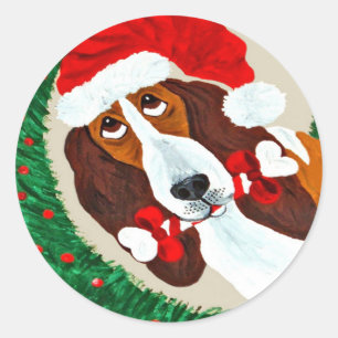 Pegatina Redonda Corona de Navidad de Basset Hound