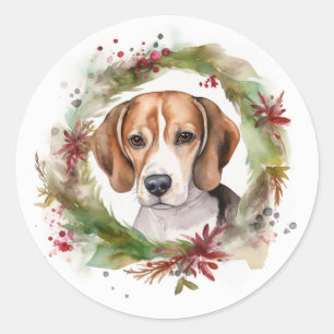 Pegatina Redonda Corona de Navidad de Beagle Perro Festivo
