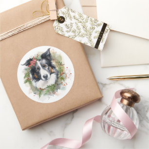Pegatina Redonda Corona de Navidad de Border Collie Perro Festivo