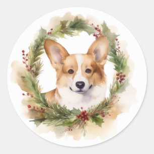 Pegatina Redonda Corona de Navidad de Corgi Perro Festivo