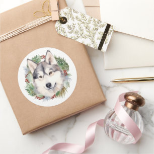 Pegatina Redonda Corona de Navidad de Husky Siberiano Perro Festivo