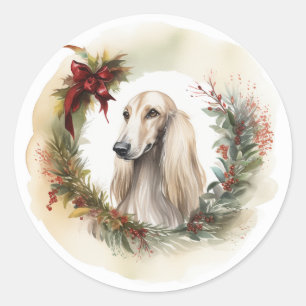 Pegatina Redonda Corona de Navidad de Lebrel Afgano Perro Festivo