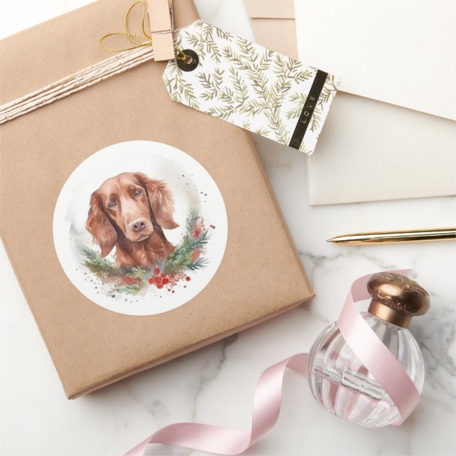 Pegatina Redonda Corona de Navidad de Setter Rojo Irlandés Perro Fe (Regalar)