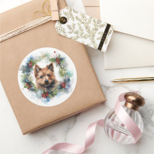 Pegatina Redonda Corona de Navidad de Terrier Australiano Perro Fes