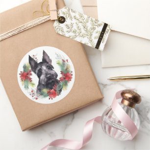Pegatina Redonda Corona de Navidad de Terrier Escocés Perro Festivo