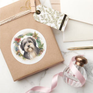 Pegatina Redonda Corona de Navidad de Terrier Tibetano Perro Festiv