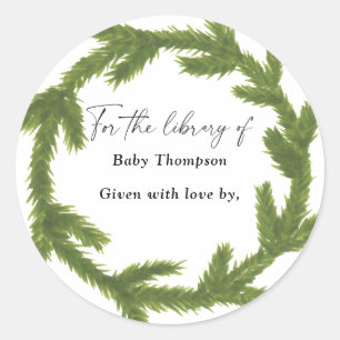 Pegatina Redonda Corona de Navidad - Ex libris para baby shower