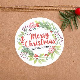 Pegatina Redonda Corona de Navidad Feliz con Letra Personalizada