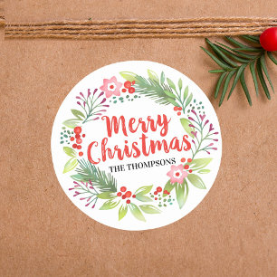 Pegatina Redonda Corona de Navidad Feliz con Letra Personalizada