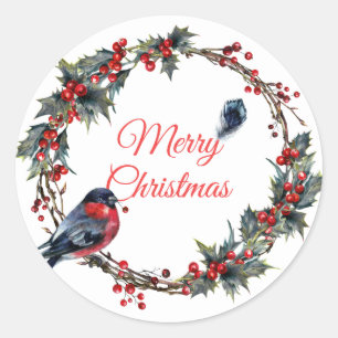 Pegatina Redonda Corona de Navidad Holiday Bulfinch Berry Muérdago