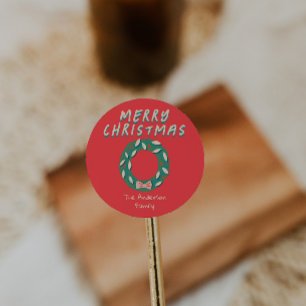 Pegatina Redonda Corona de Navidad roja verde pintada a mano vintag