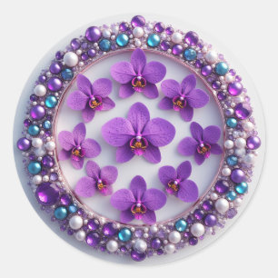 Pegatina Redonda Corona de orquídea púrpura decorada con perlas