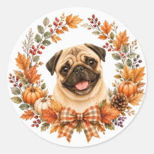 Pegatina Redonda Corona de Otoño Pug