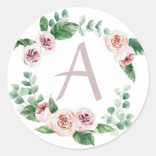 Pegatina Redonda Corona de peonía de primavera con letra personaliz