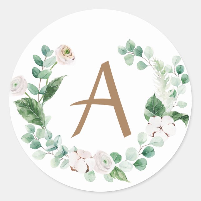 Pegatina Redonda Corona de peonía de primavera con letra personaliz (Anverso)