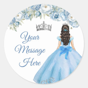 Pegatina Redonda Corona de Plata Floral Azul Quinceañera Tu Mensaje