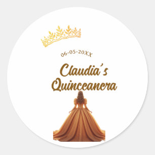 Pegatina Redonda Corona de princesa quinceañera naranja cumpleaños