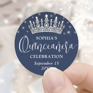 Pegatina Redonda Corona de Quinceañera Elegantes Destellos Azul Mar