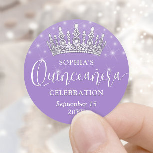 Pegatina Redonda Corona de Quinceañera Elegantes Destellos Lila Púr