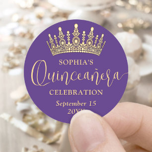 Pegatina Redonda Corona de Quinceañera Simplemente Elegante Púrpura