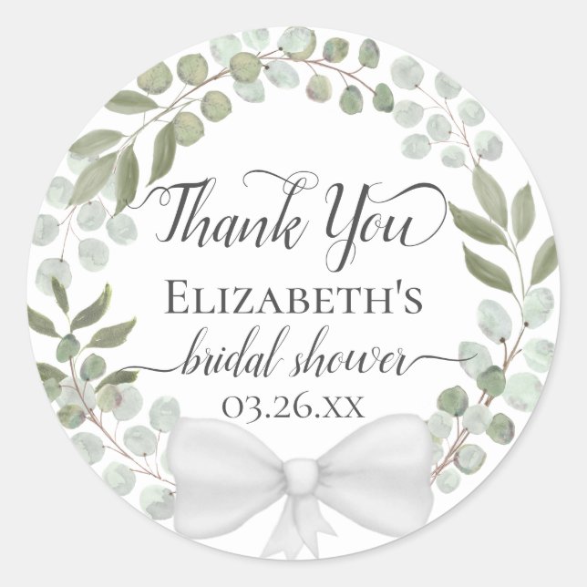 Pegatina Redonda Corona de Verde Eucalipto Agradecimiento Despedida (Anverso)