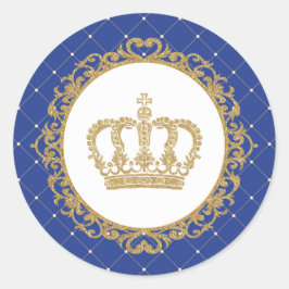 Pegatina Redonda Corona Dorada Royal Azul Bebé Príncipe 1er Cumplea